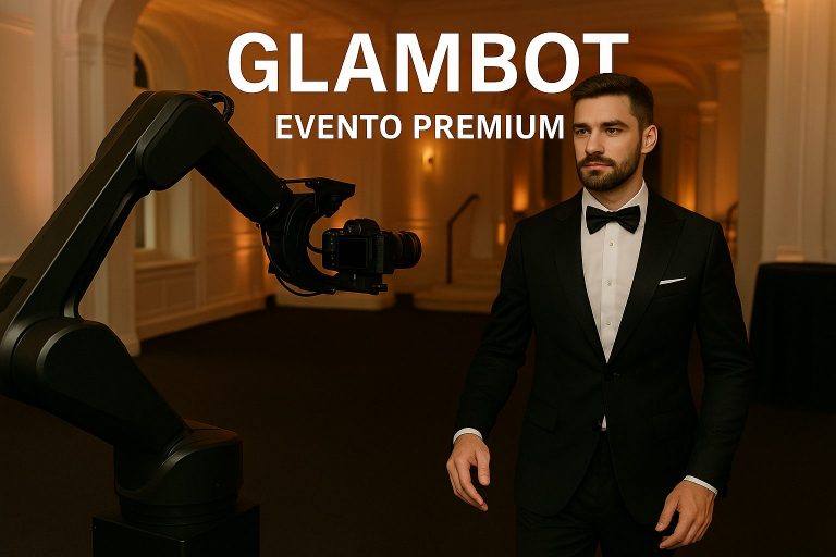Joven con esmoquin negro posando frente a un brazo robótico de Glambot en un evento premium. Captura hiperrrealista de Esfering que muestra tecnología audiovisual de alta gama en Madrid.